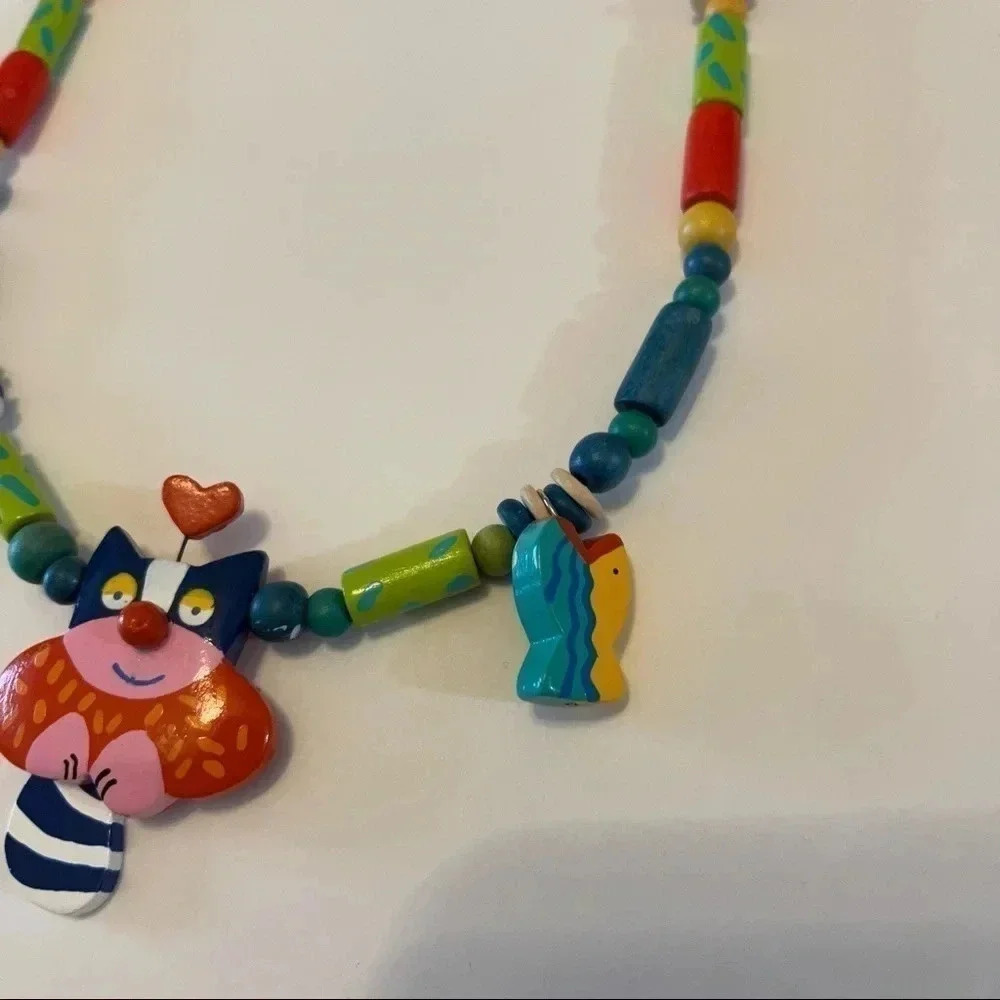 Vintage Signed Tatiri Fashion Hand Crafted Wooden Cat Tail Dangle Necklace RARE - Picture 4 of 7